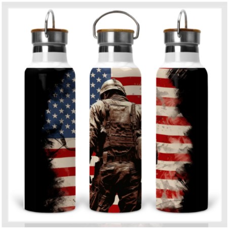 Patriotic Soldier with Flag Drink Bottle with Wooden Lid